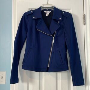 CLOSET CLOSING WHBM asymmetrical moto jacket, royal blue, EUC, size 2